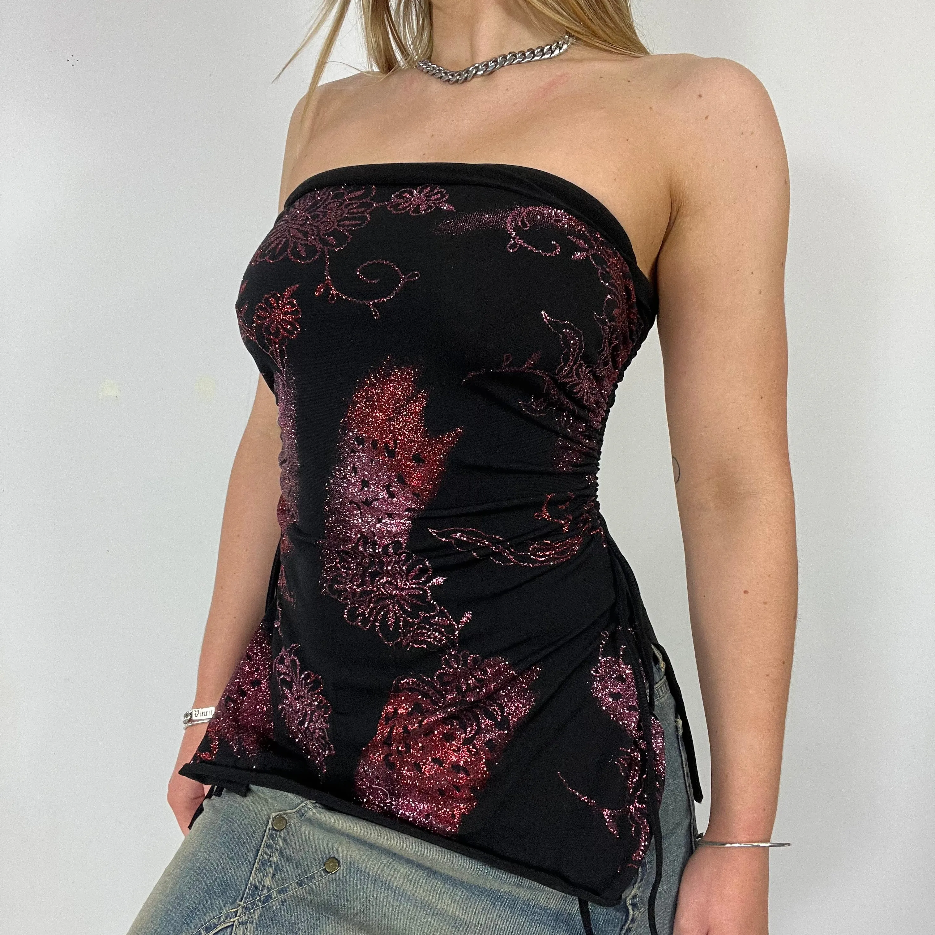 90s glitter print ruched boob tube - Size S