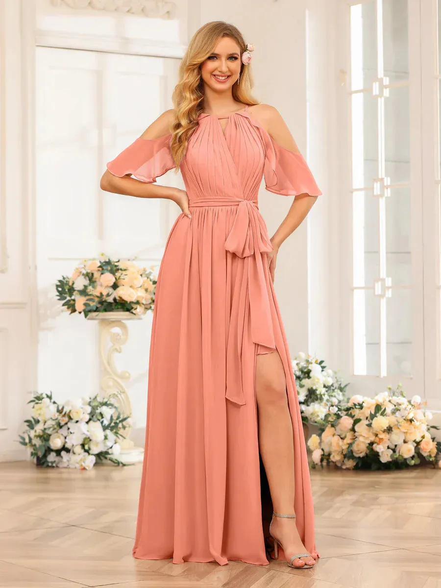 A-Line/Princess Halter Long Wedding Party Dresses With Split Side & Sash