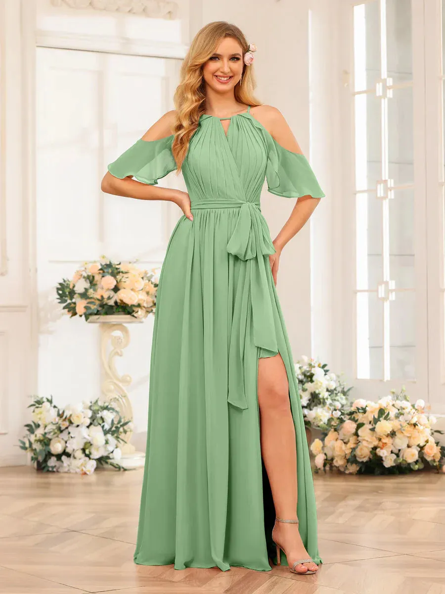 A-Line/Princess Halter Long Wedding Party Dresses With Split Side & Sash