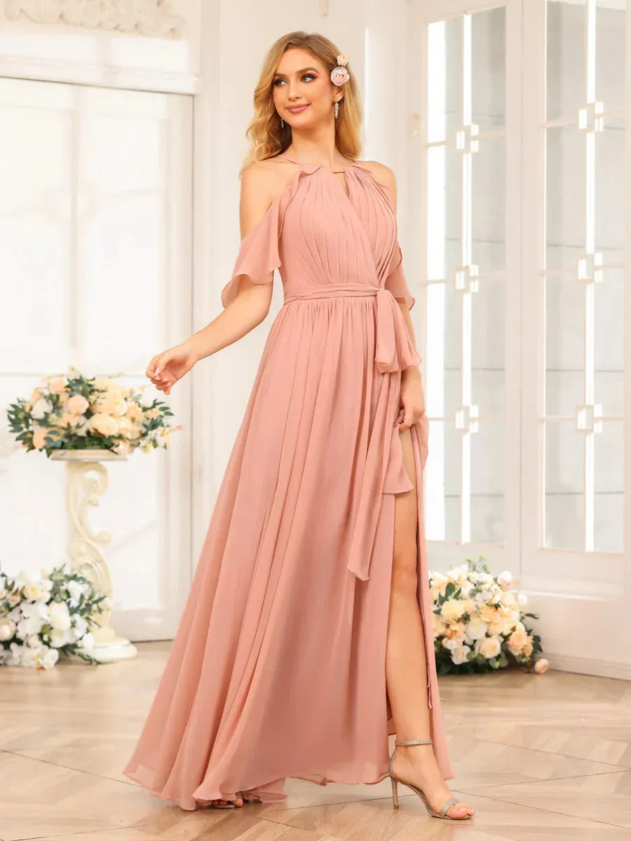 A-Line/Princess Halter Long Wedding Party Dresses With Split Side & Sash