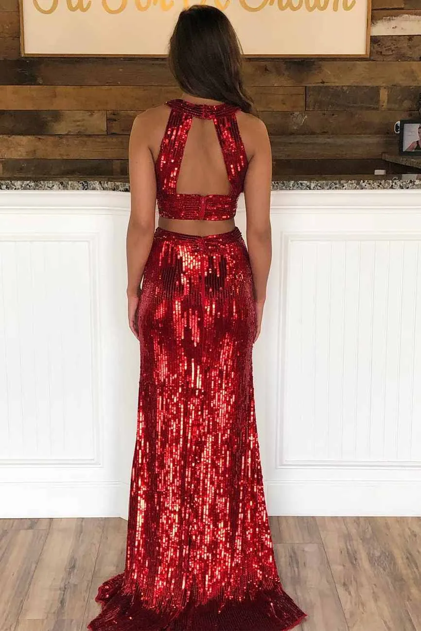 A-Line/Princess Halter Sleeveless Sweep/Brush Train Sequin Slit Two Piece Prom Dresses Evening Dresses