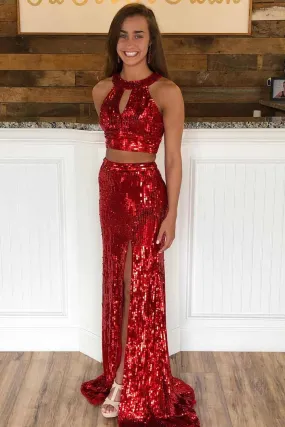 A-Line/Princess Halter Sleeveless Sweep/Brush Train Sequin Slit Two Piece Prom Dresses Evening Dresses