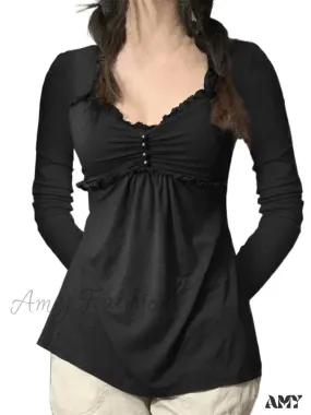 Amy Fashion - V-neck Ruched Solid Color Vintage Ruched Buttons T-Shirts