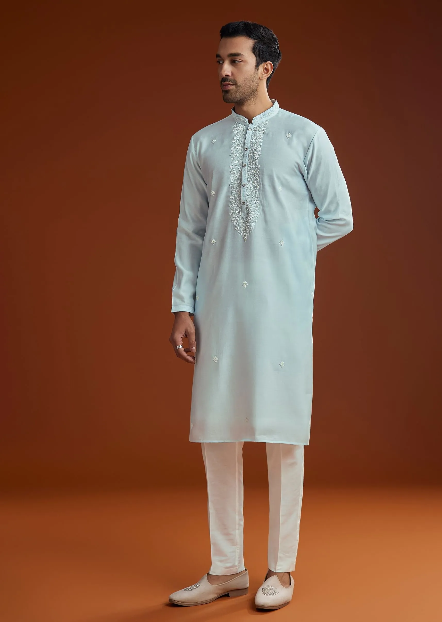 Aqua Blue Silk Embroidered Kurta Set