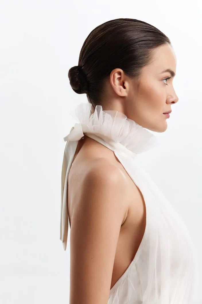 Backless Halter Neck Tie Up Frilled White Wedding Dress