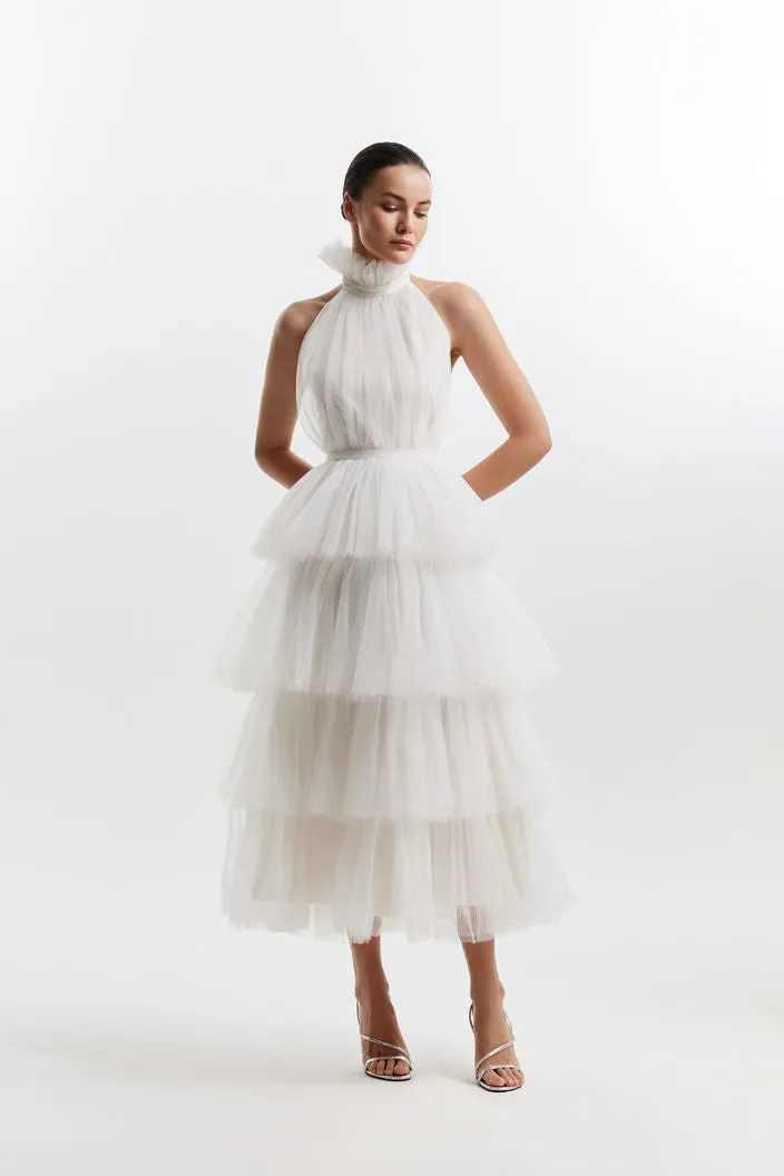 Backless Halter Neck Tie Up Frilled White Wedding Dress