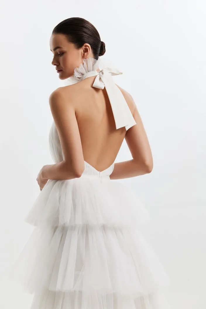 Backless Halter Neck Tie Up Frilled White Wedding Dress