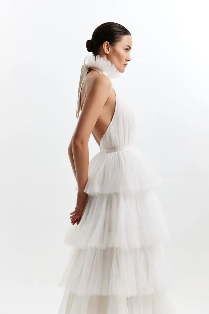 Backless Halter Neck Tie Up Frilled White Wedding Dress