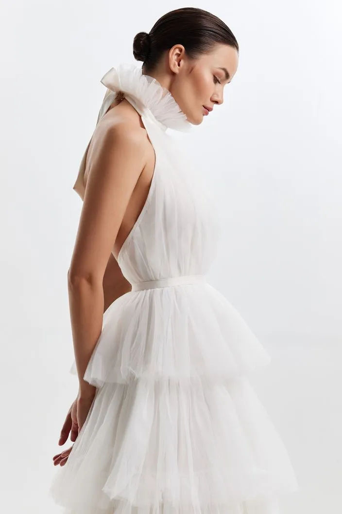 Backless Halter Neck Tie Up Frilled White Wedding Dress