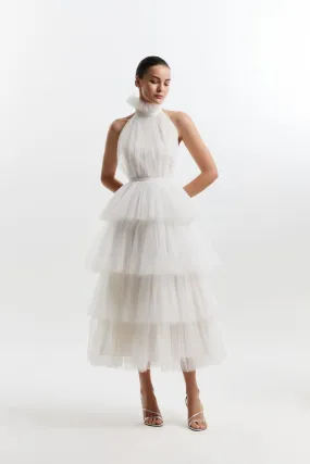 Backless Halter Neck Tie Up Frilled White Wedding Dress