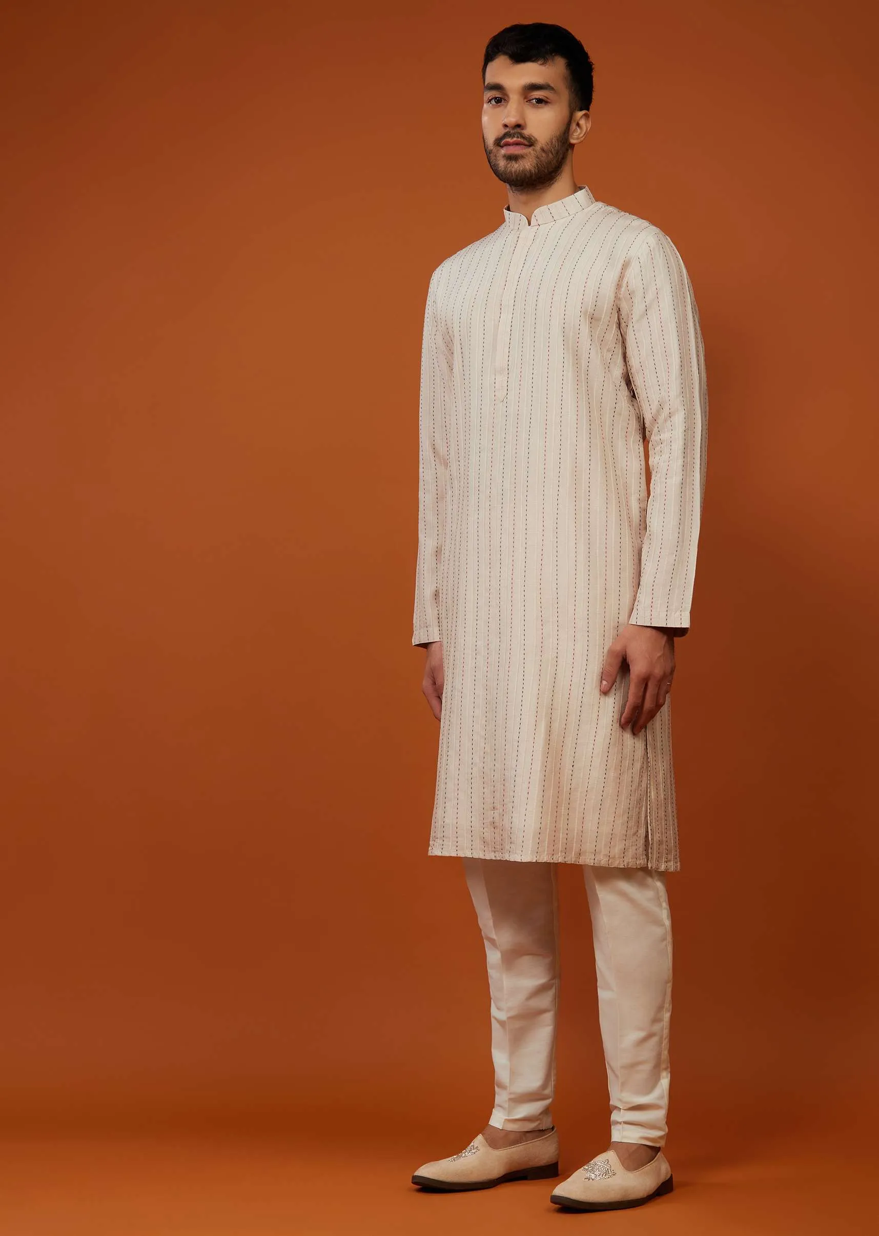 Beige White Motif Embroidered Bandi Jacket Set In Silk