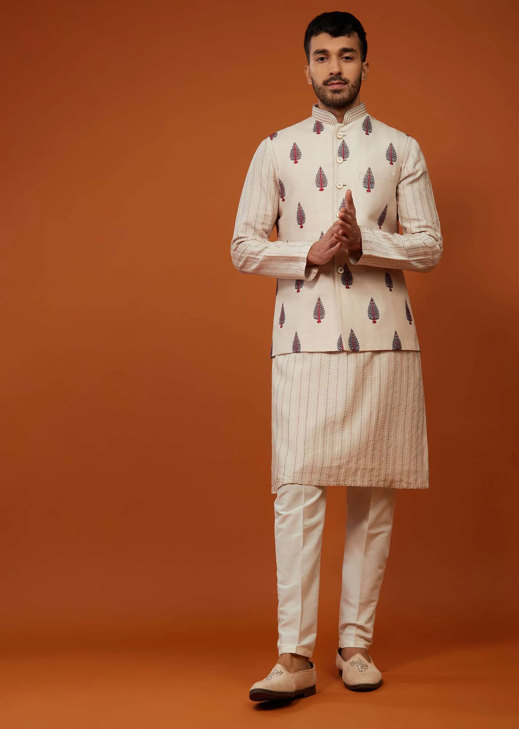 Beige White Motif Embroidered Bandi Jacket Set In Silk