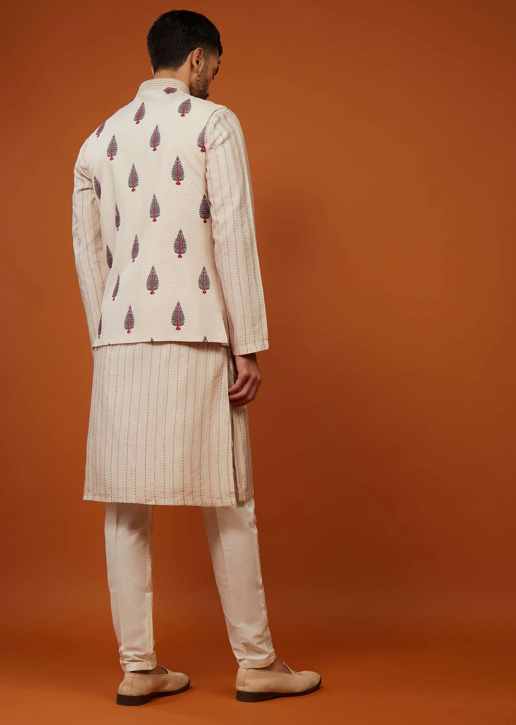 Beige White Motif Embroidered Bandi Jacket Set In Silk