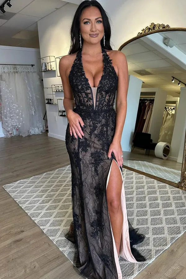 Black Halter Lace Appliques Mermaid Long Prom Dresses with Slit Sexy Evening Dress