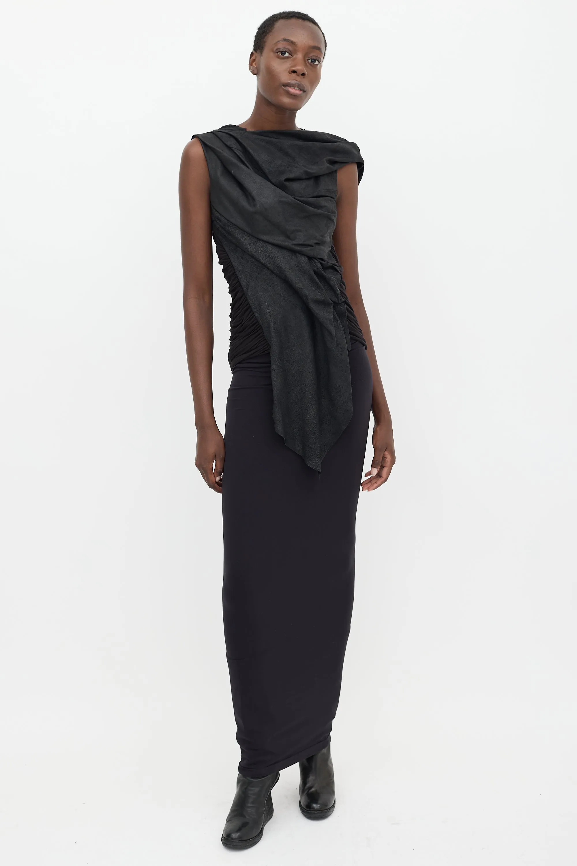 Black Leather Gathered Top