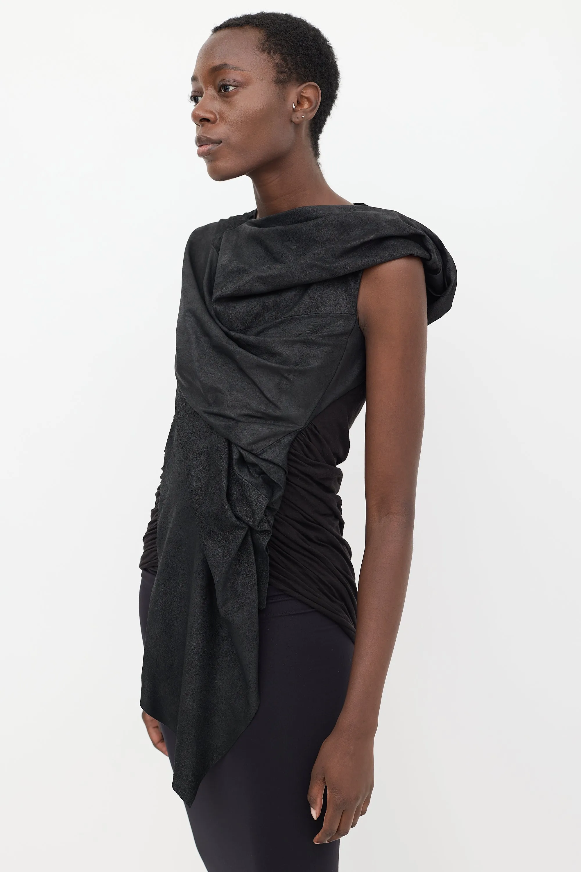 Black Leather Gathered Top
