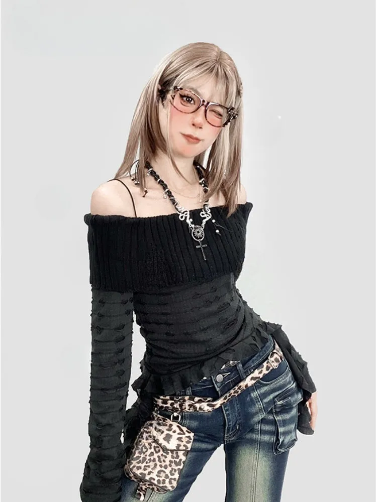 Black Off-the-shoulder Neckline Asymmetrical Ruffle Hem Top