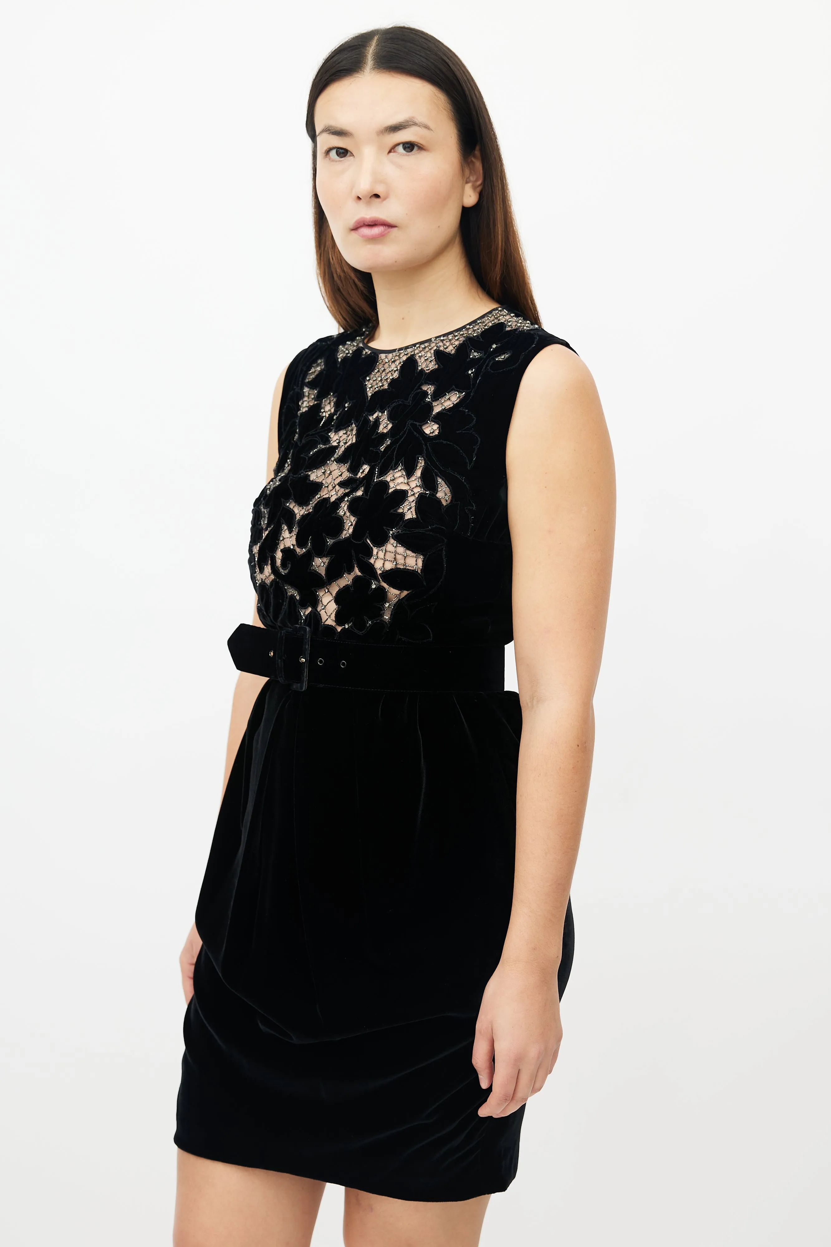 Black Velvet Floral Embellished Dress