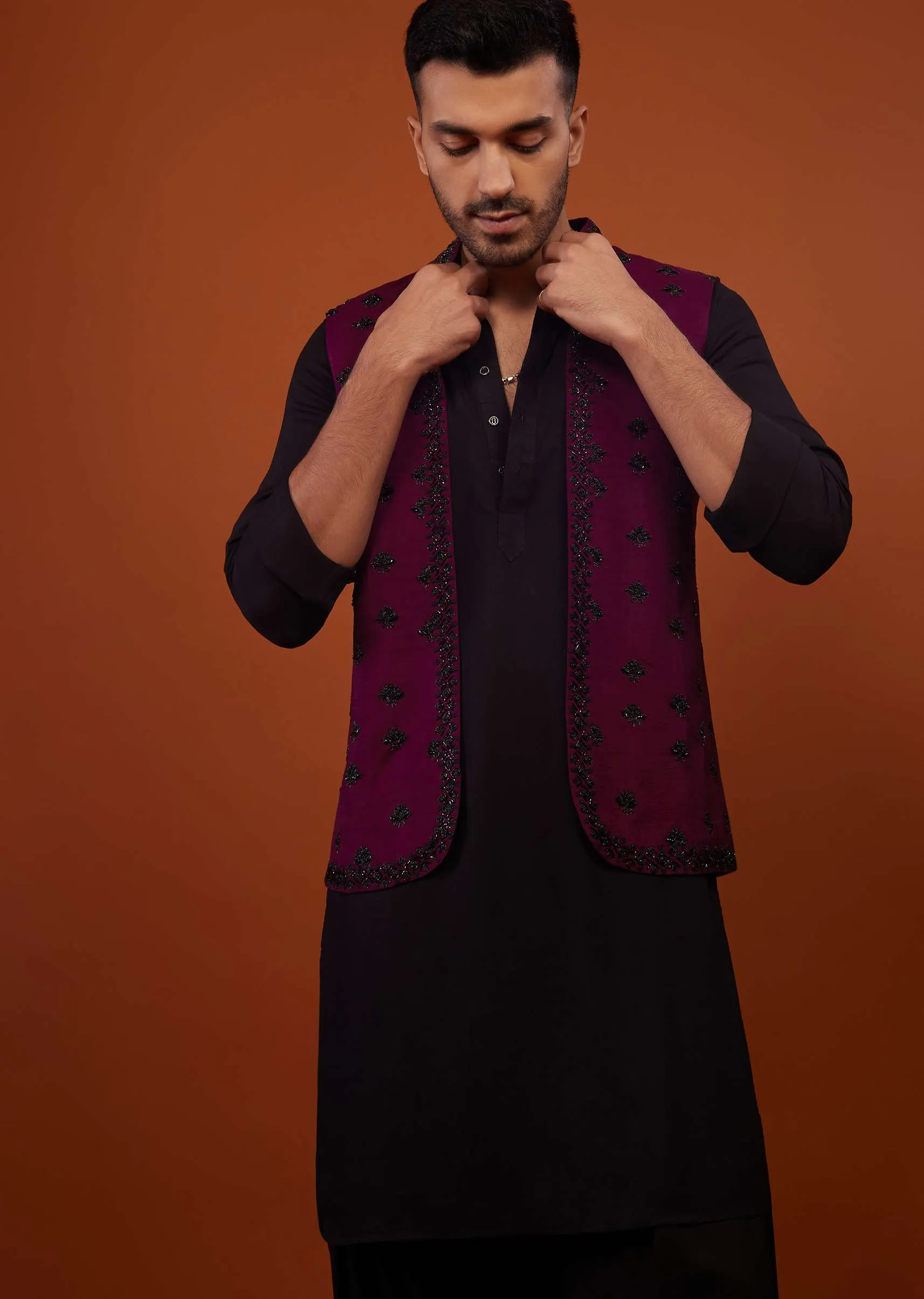 Black With Burgundy Purple Embroidered Cotton Silk Bandi Jacket Set