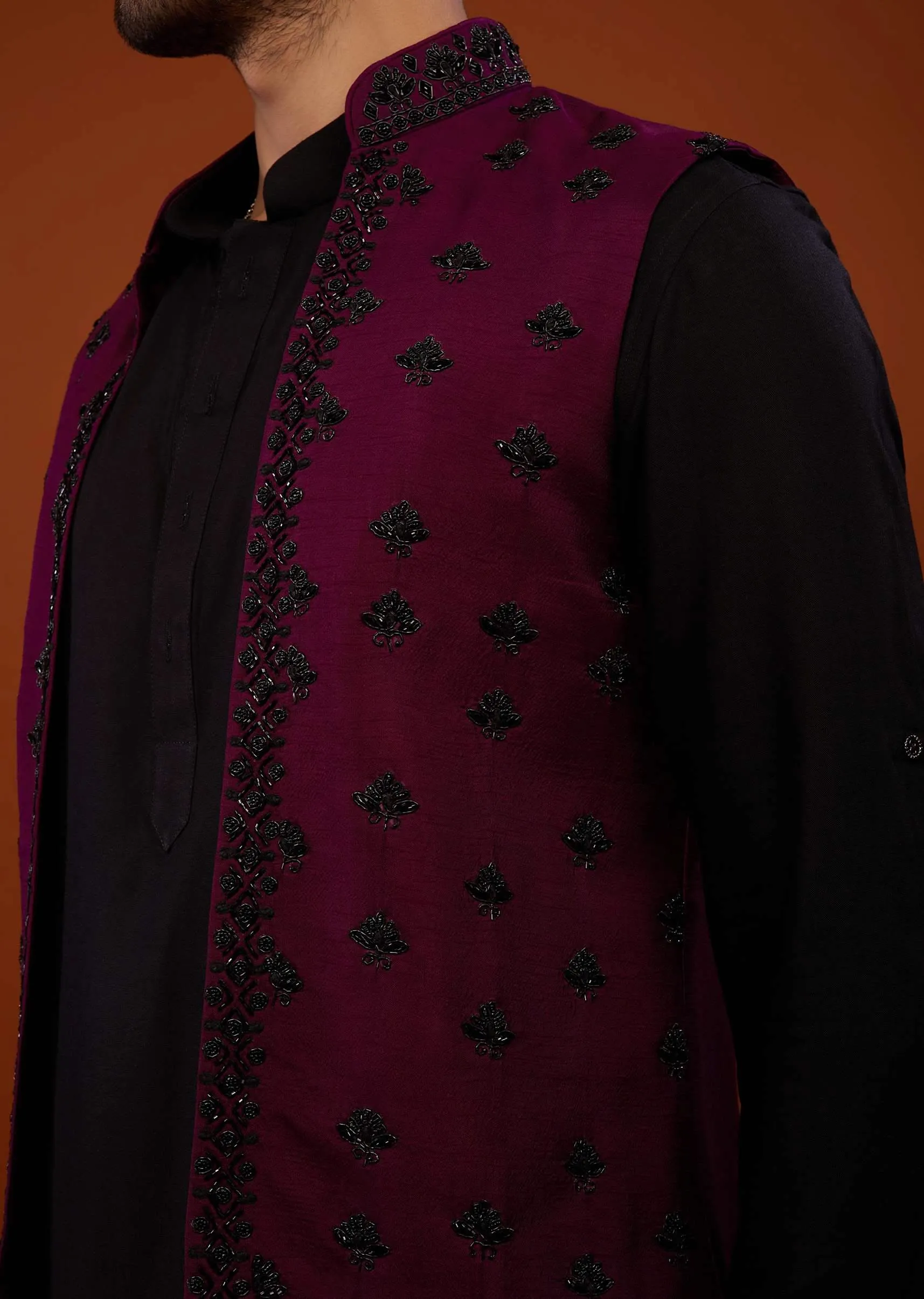 Black With Burgundy Purple Embroidered Cotton Silk Bandi Jacket Set
