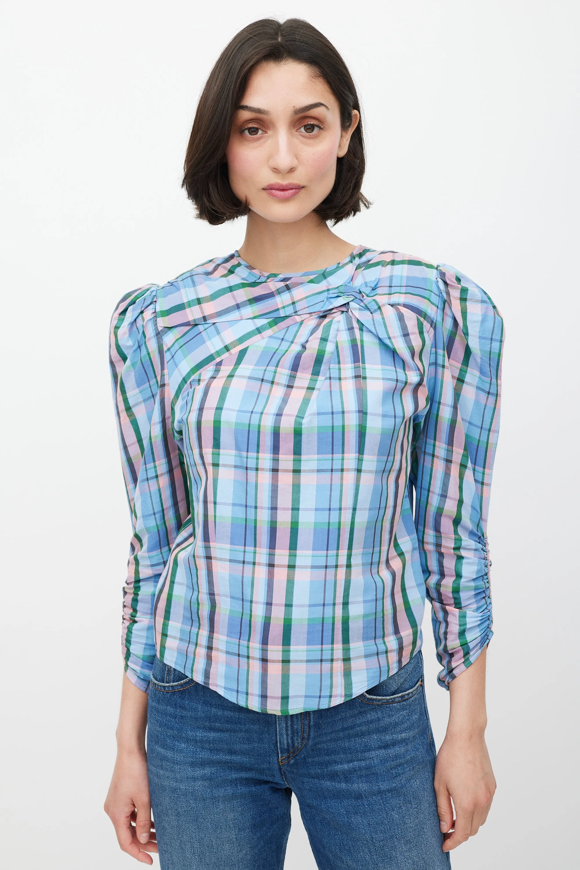 Blue & Multicolour Plaid Gathered Top