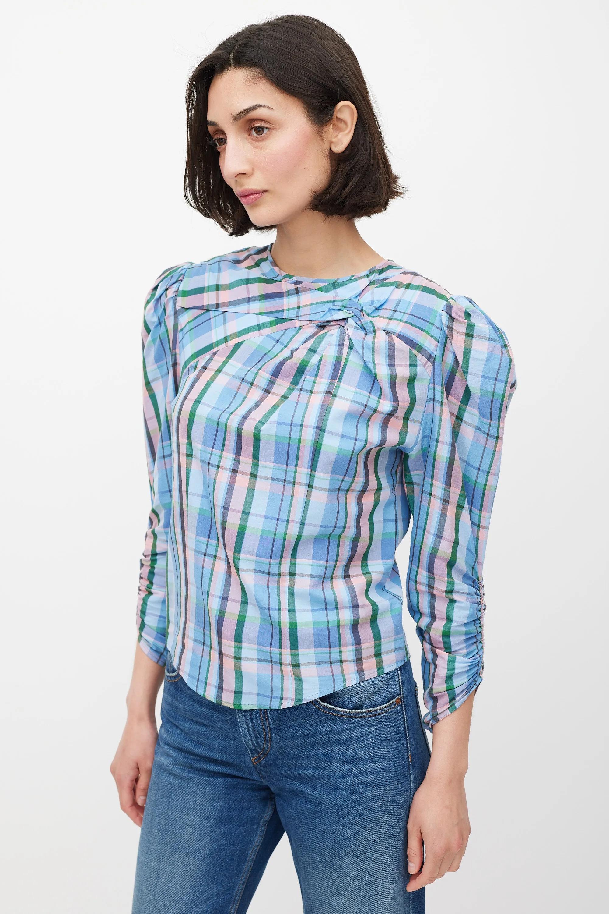 Blue & Multicolour Plaid Gathered Top