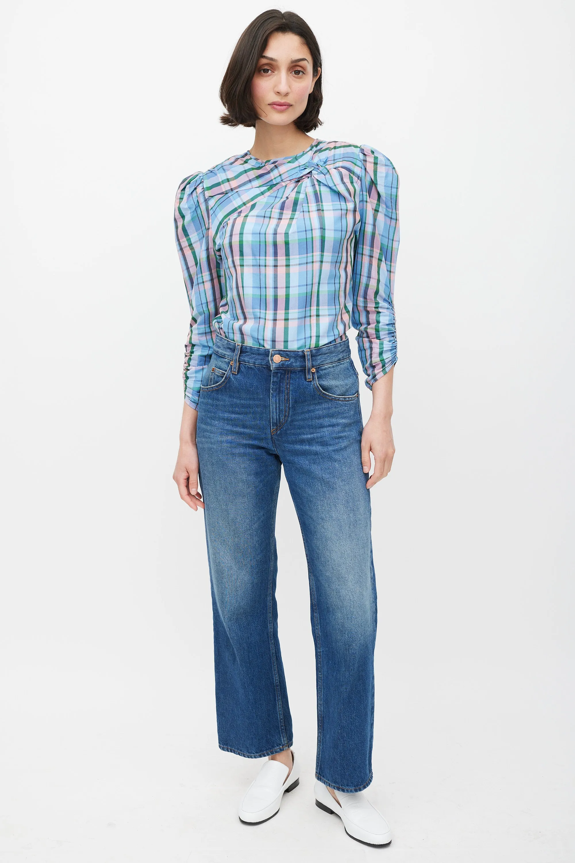 Blue & Multicolour Plaid Gathered Top