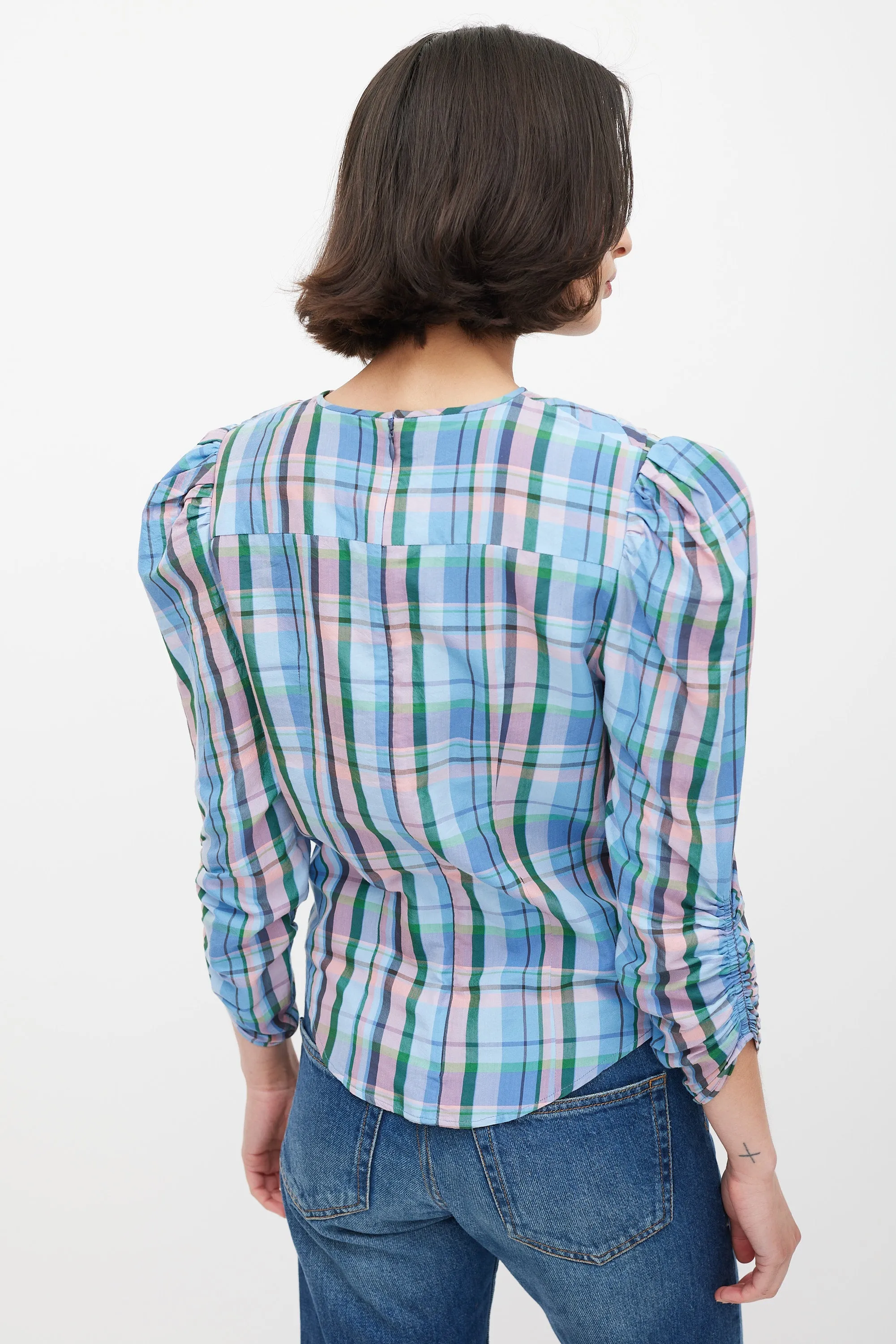 Blue & Multicolour Plaid Gathered Top