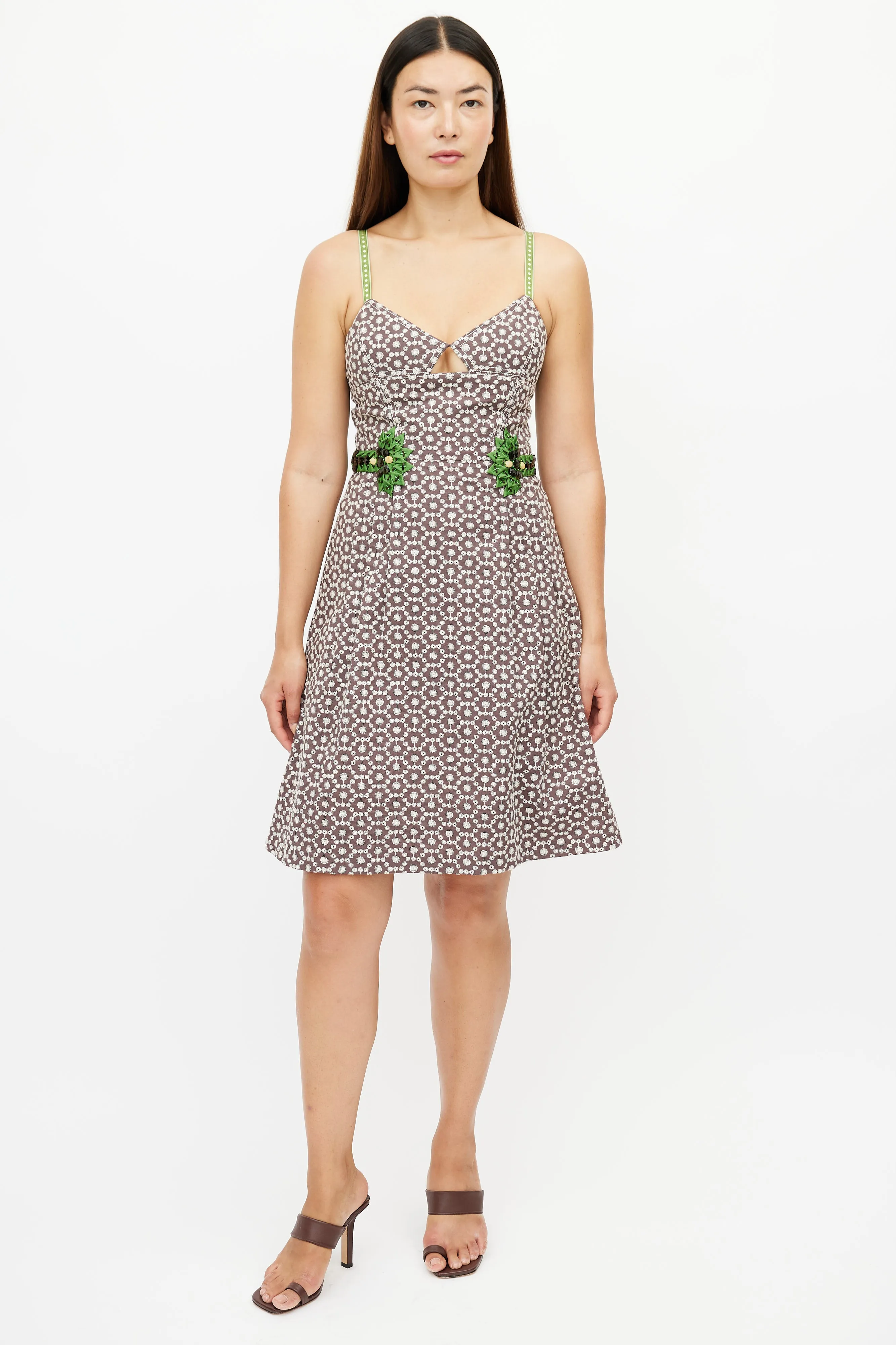 Brown & Green Print Embellished Dress