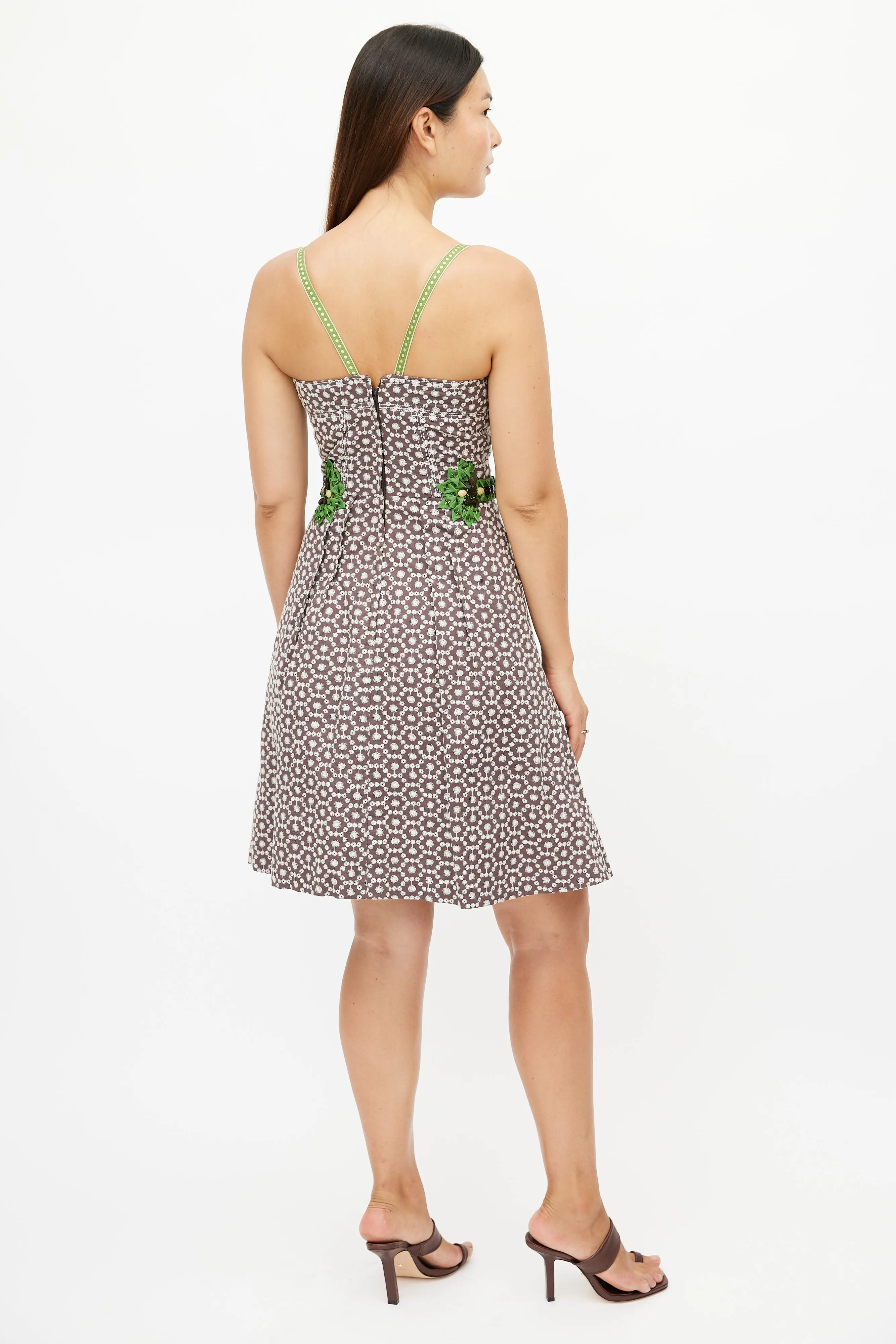 Brown & Green Print Embellished Dress