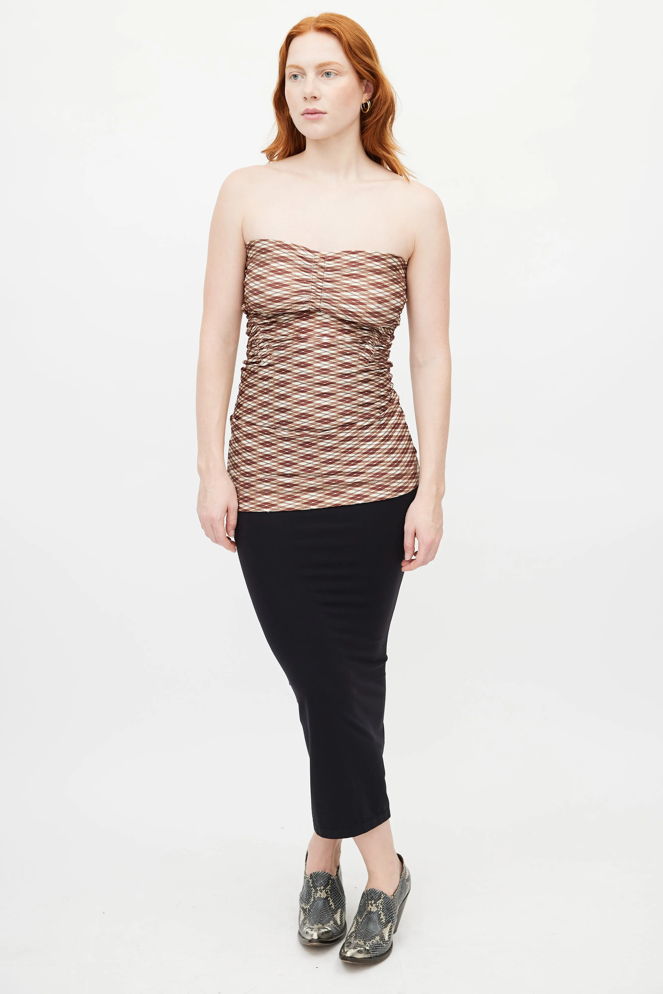 Brown & Multicolour Plaid Ruched Top
