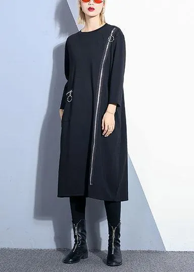 Chic black o neck cotton Tunics zippered Maxi fall Dresses