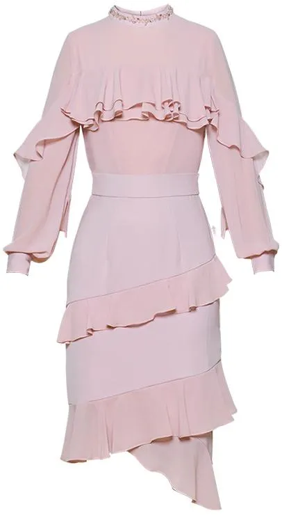 Embellished-Collar Asymmetrical Ruffle Dress