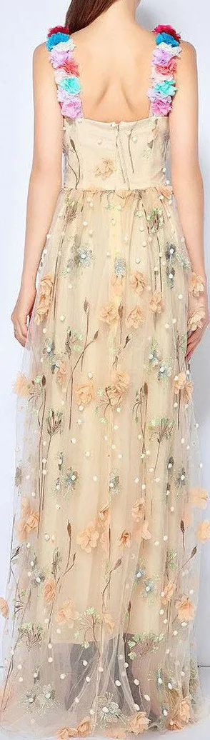 Flower-Appliques Embroidered Mesh Gown