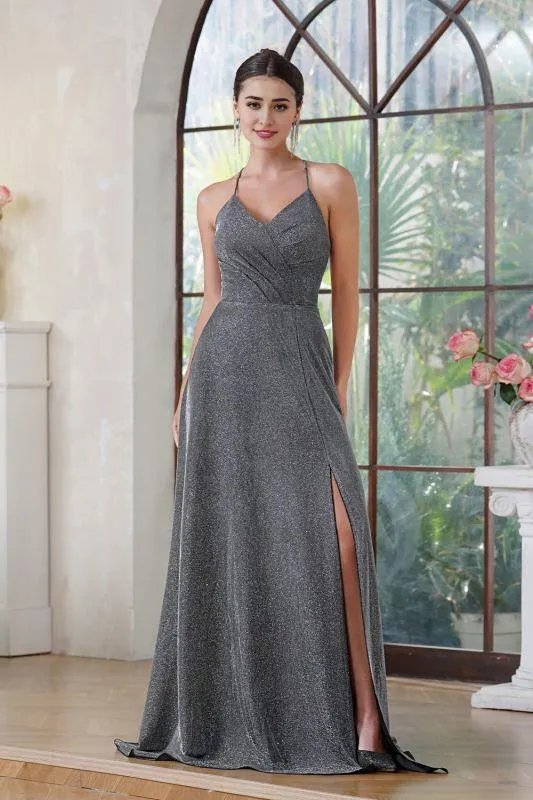 Halter Glitter Side Split Formal Dresses V-Neck Floor Length Evening Prom Dress with Pocket