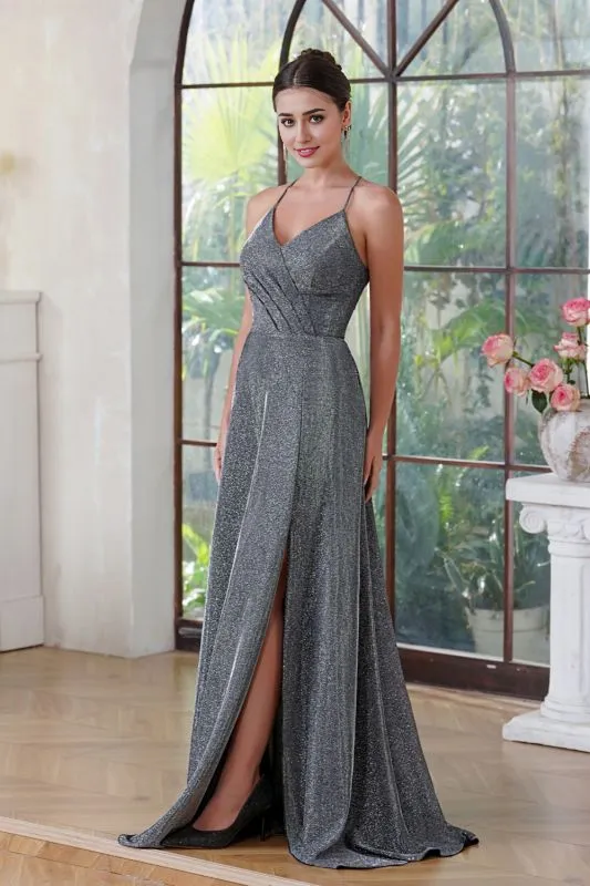 Halter Glitter Side Split Formal Dresses V-Neck Floor Length Evening Prom Dress with Pocket
