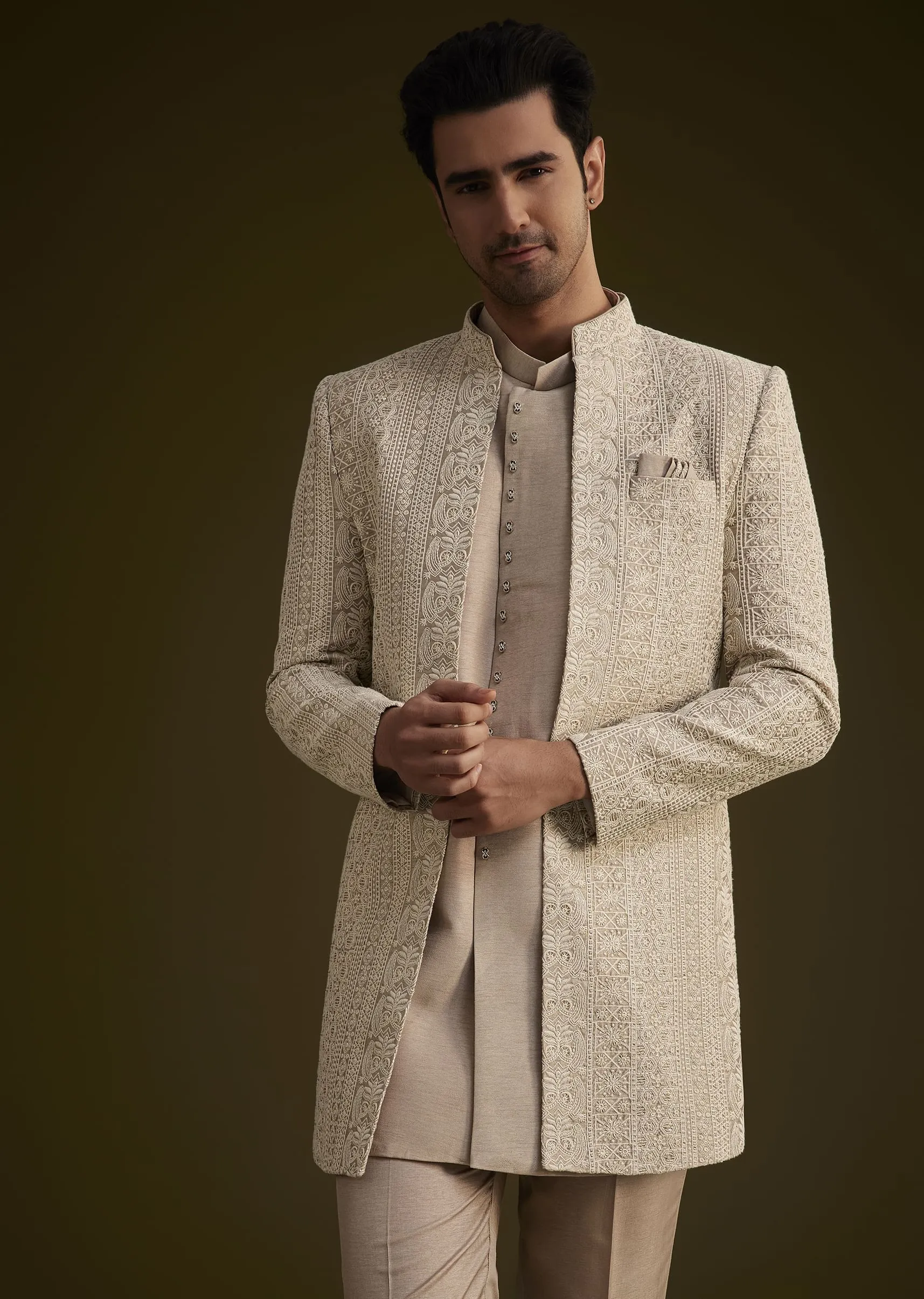 Lilac Silk Open Style Sherwani Set With Resham Thread Work