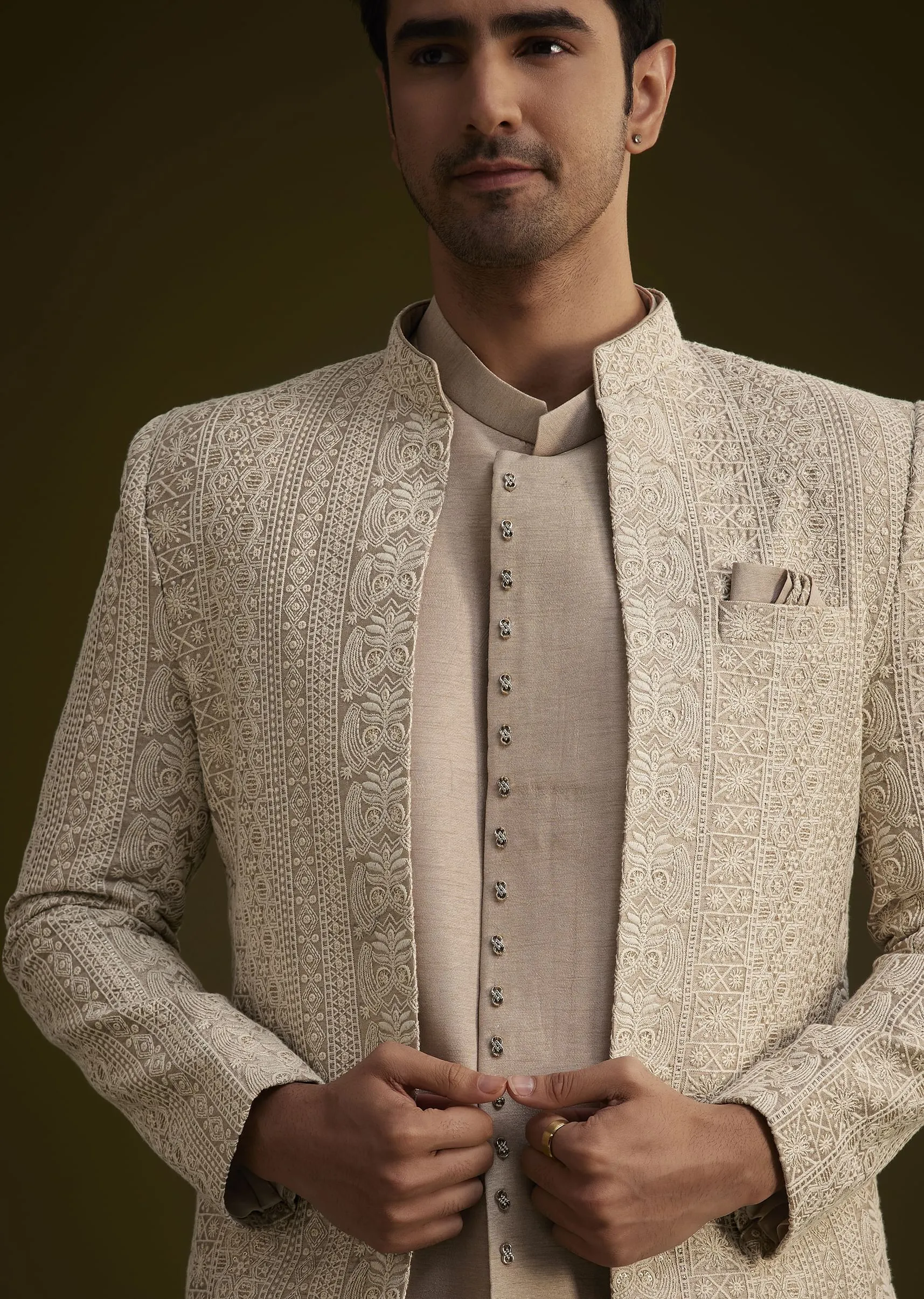Lilac Silk Open Style Sherwani Set With Resham Thread Work