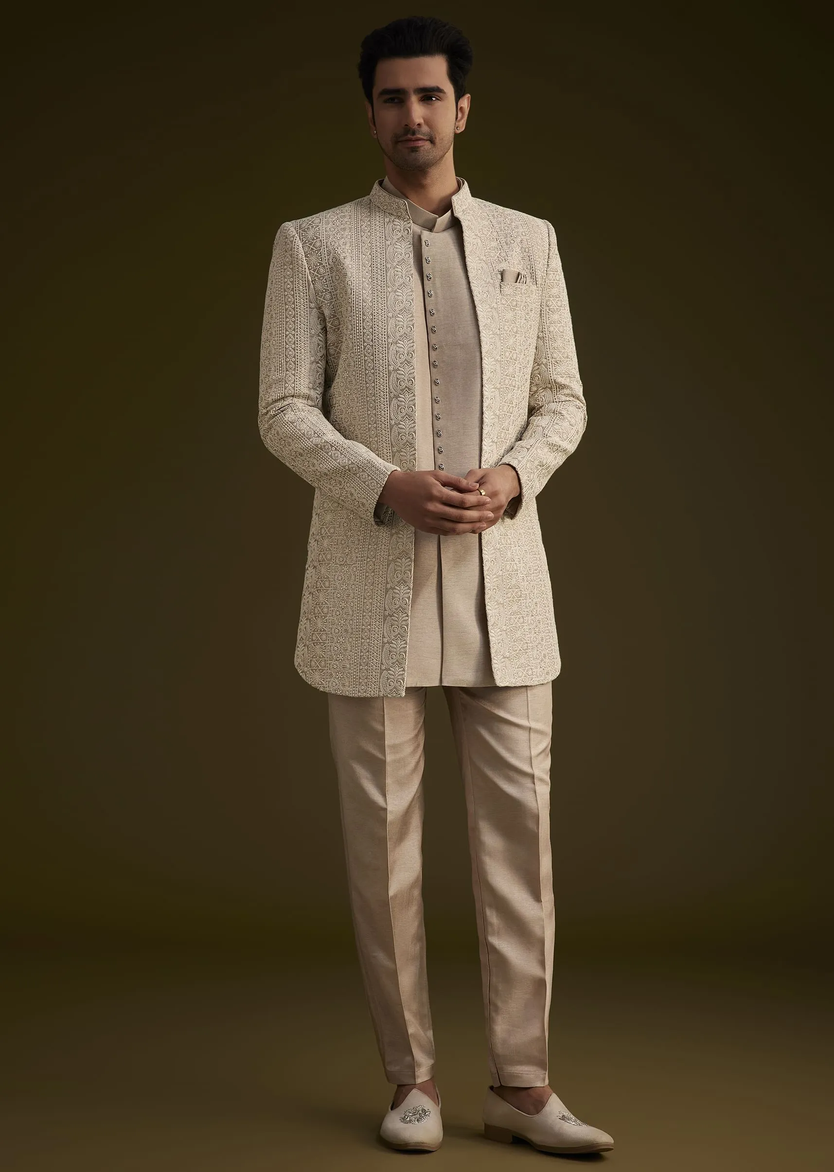 Lilac Silk Open Style Sherwani Set With Resham Thread Work