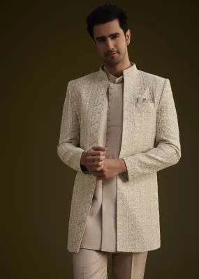 Lilac Silk Open Style Sherwani Set With Resham Thread Work