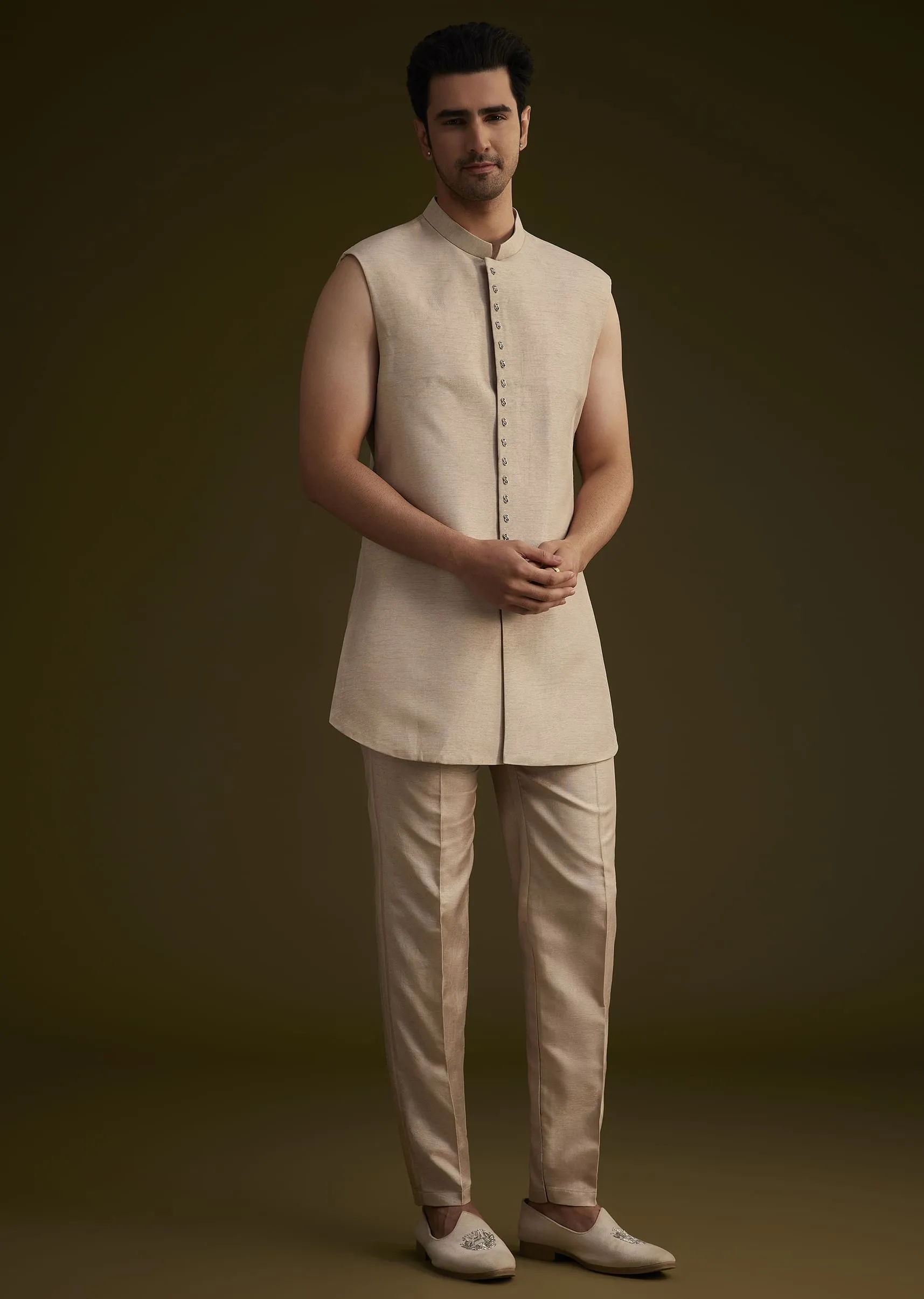 Lilac Silk Open Style Sherwani Set With Resham Thread Work