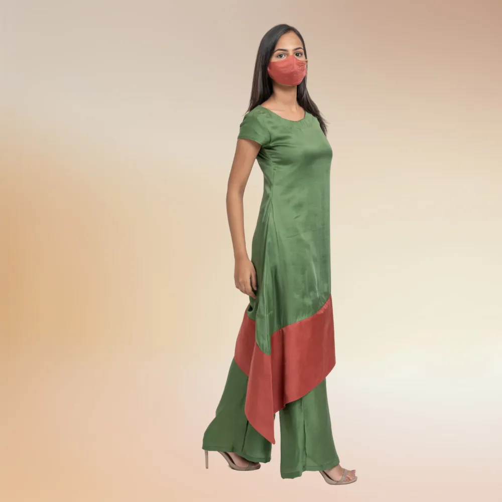 Olive Green & Crimson Co-ord Set | Kurta Set | Bemberg Modal Silk