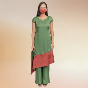 Olive Green & Crimson Co-ord Set | Kurta Set | Bemberg Modal Silk