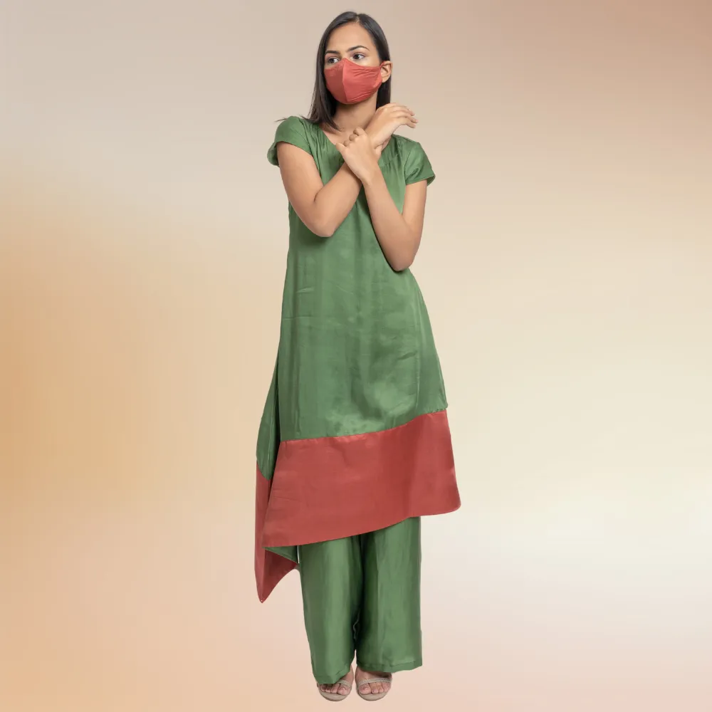 Olive Green & Crimson Co-ord Set | Kurta Set | Bemberg Modal Silk