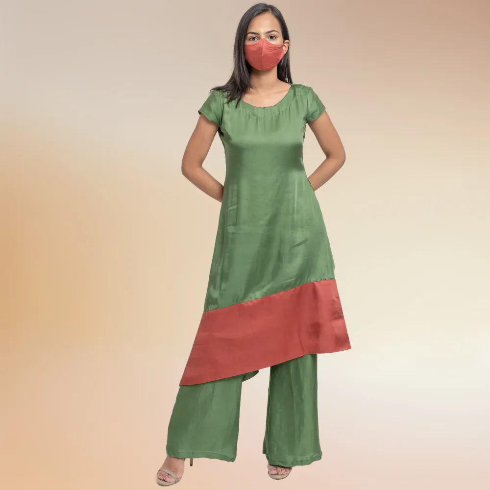 Olive Green & Crimson Co-ord Set | Kurta Set | Bemberg Modal Silk