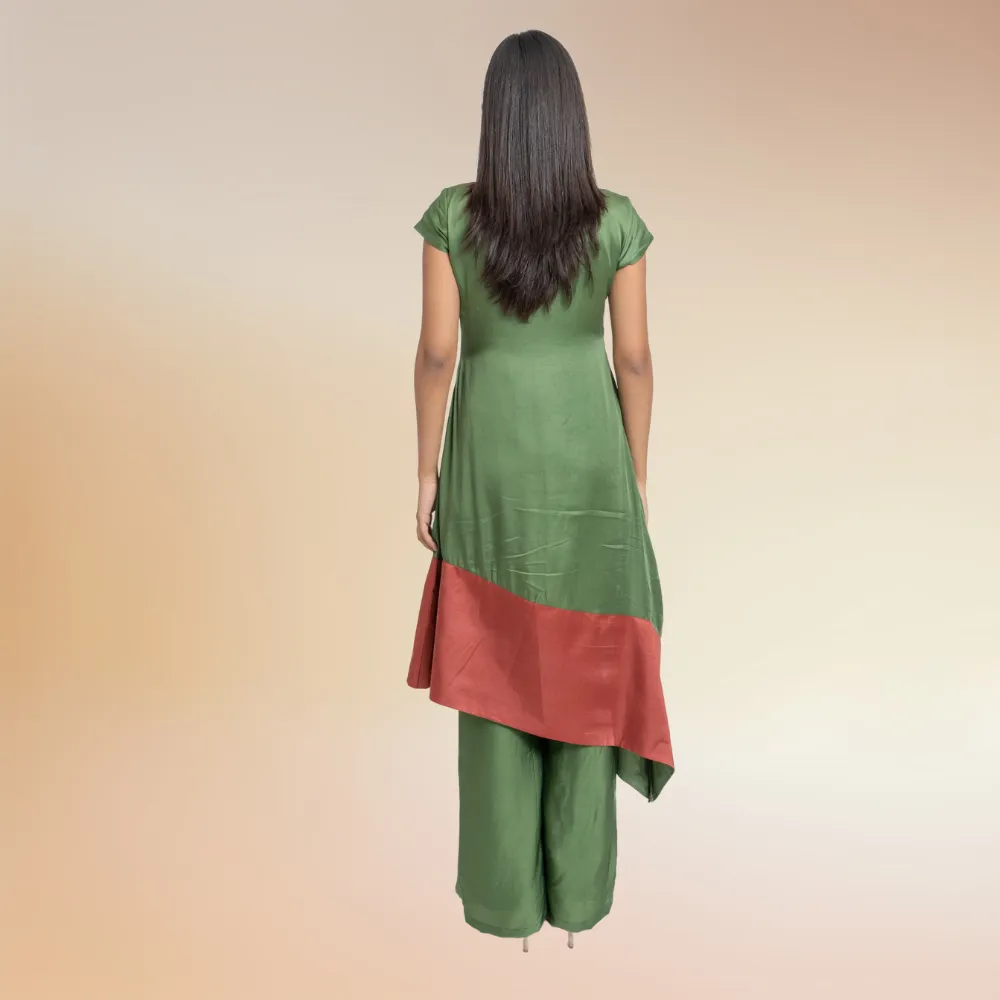 Olive Green & Crimson Co-ord Set | Kurta Set | Bemberg Modal Silk