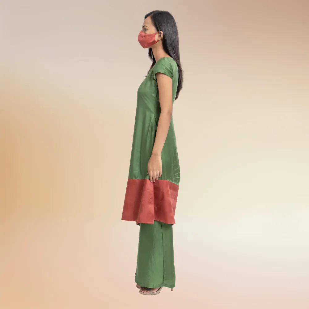 Olive Green & Crimson Co-ord Set | Kurta Set | Bemberg Modal Silk