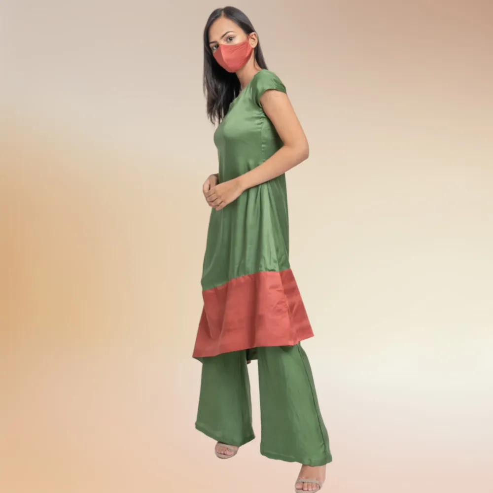Olive Green & Crimson Co-ord Set | Kurta Set | Bemberg Modal Silk