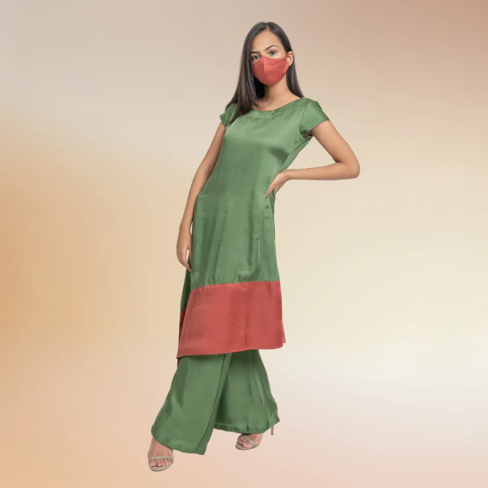 Olive Green & Crimson Co-ord Set | Kurta Set | Bemberg Modal Silk