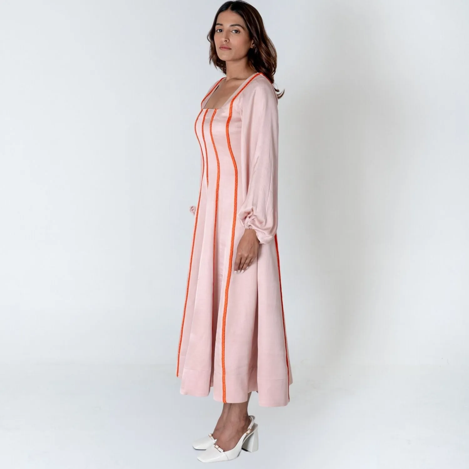 Pink Maxi Dress | Orange Braid Embellished | Modal Silk | Style Statement